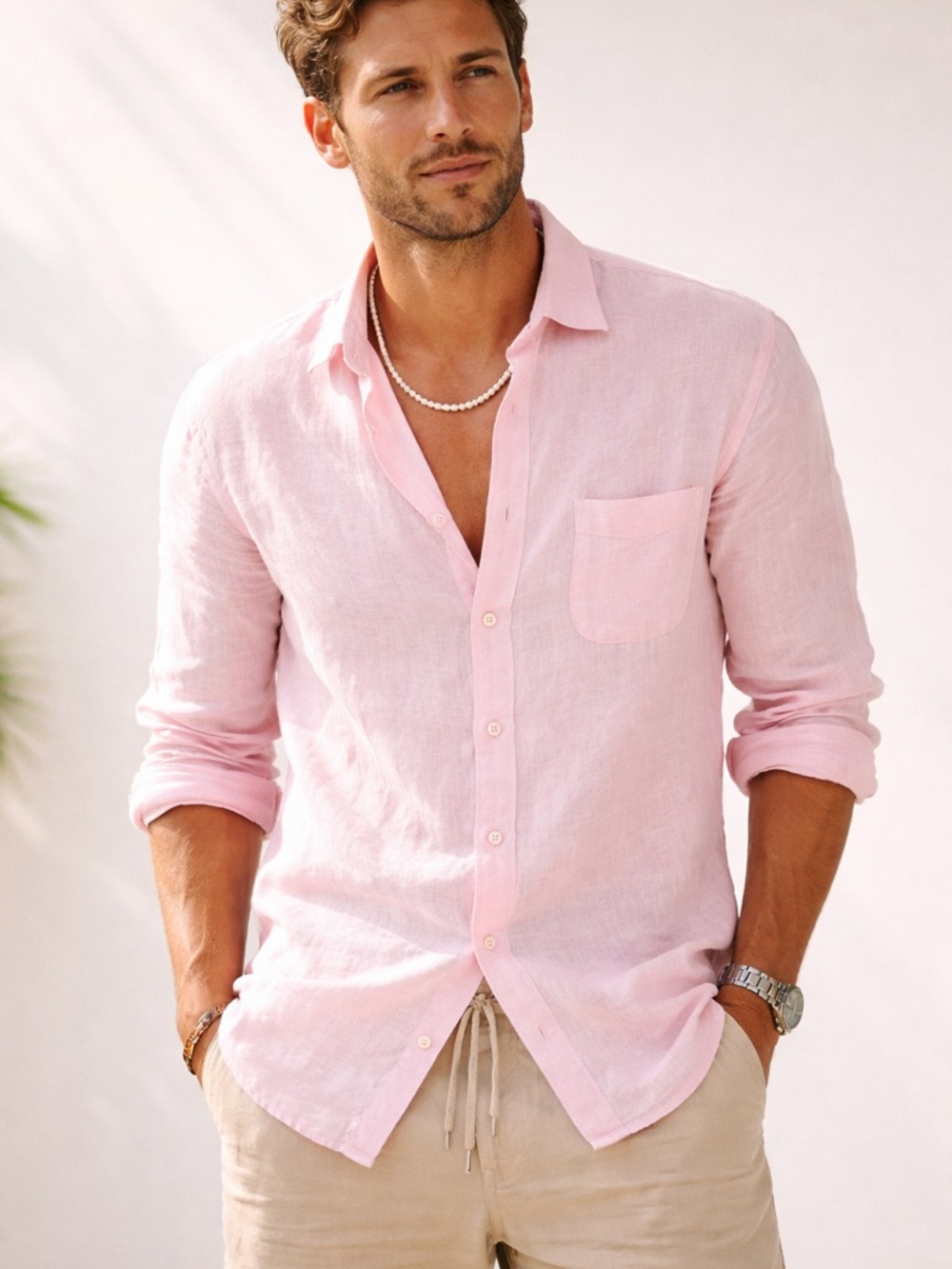 Tommy Bahama Men's Light Pink Linen Button-Down Shirt Cruise, Vacation L